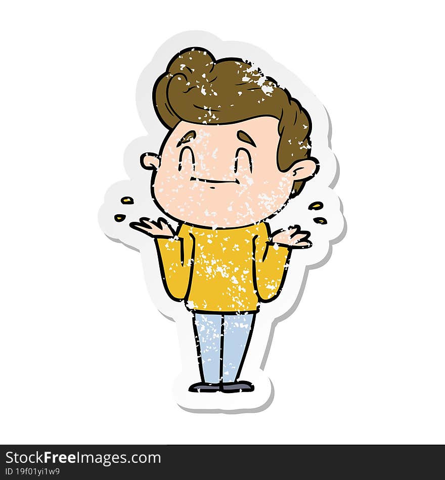 distressed sticker of a happy cartoon man shrugging