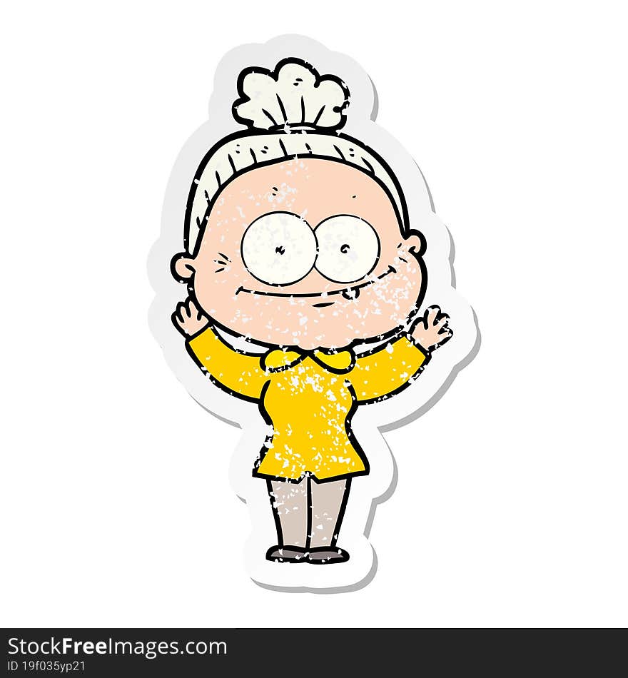 distressed sticker of a cartoon happy old woman