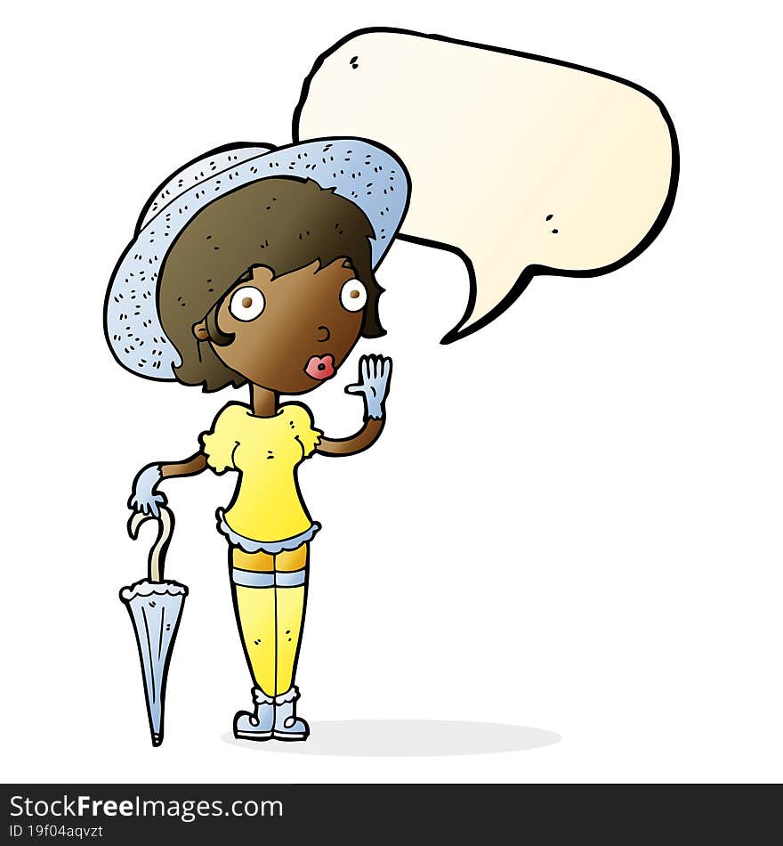 cartoon woman in summer hat waving with speech bubble