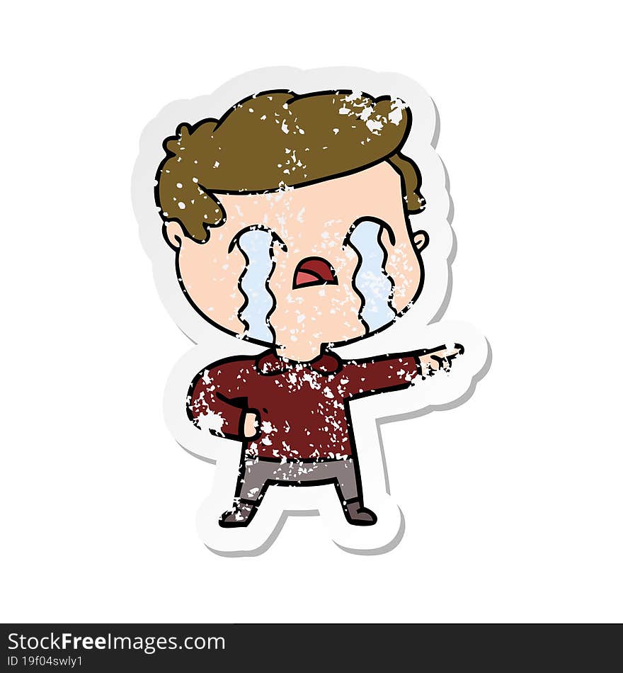 distressed sticker of a cartoon man crying