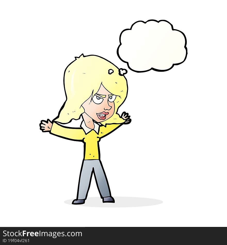 cartoon woman gesturing with thought bubble