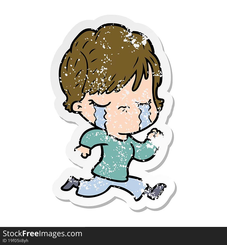 distressed sticker of a cartoon woman crying