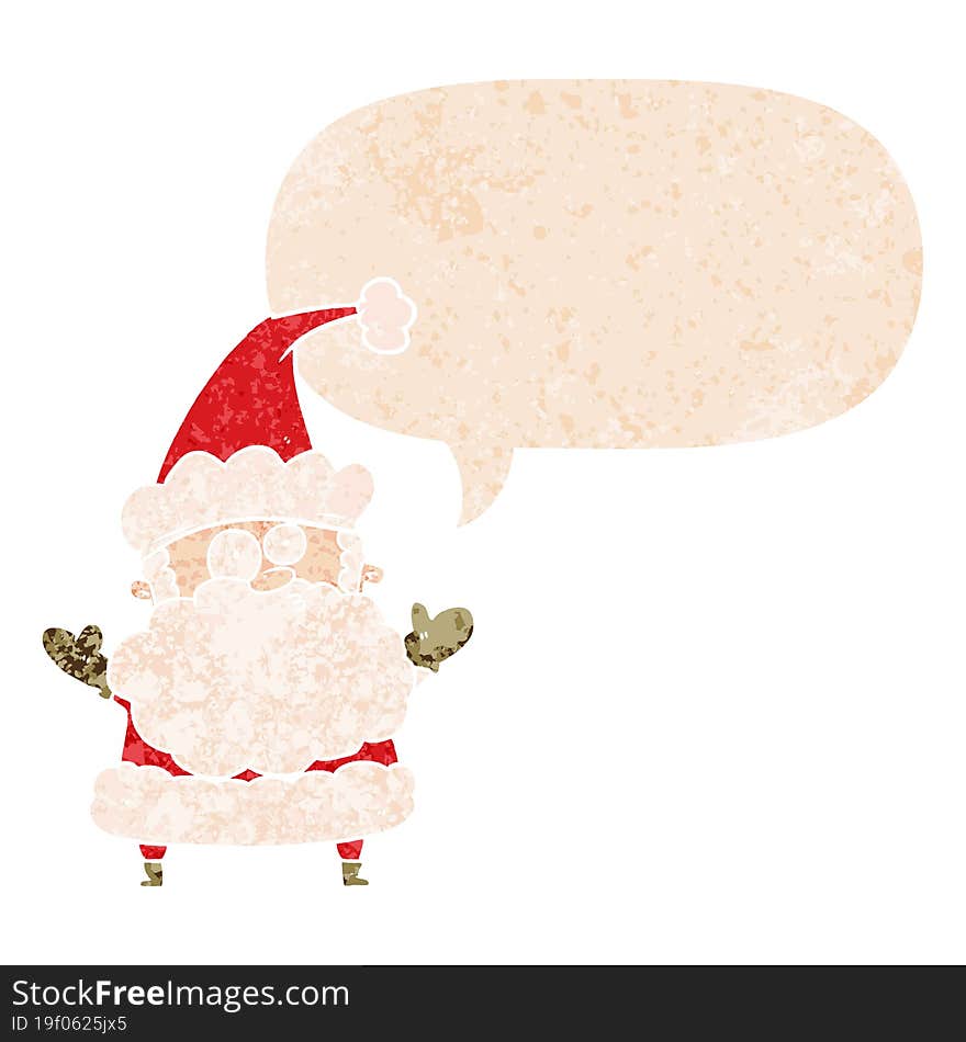 cartoon confused santa claus and speech bubble in retro textured style