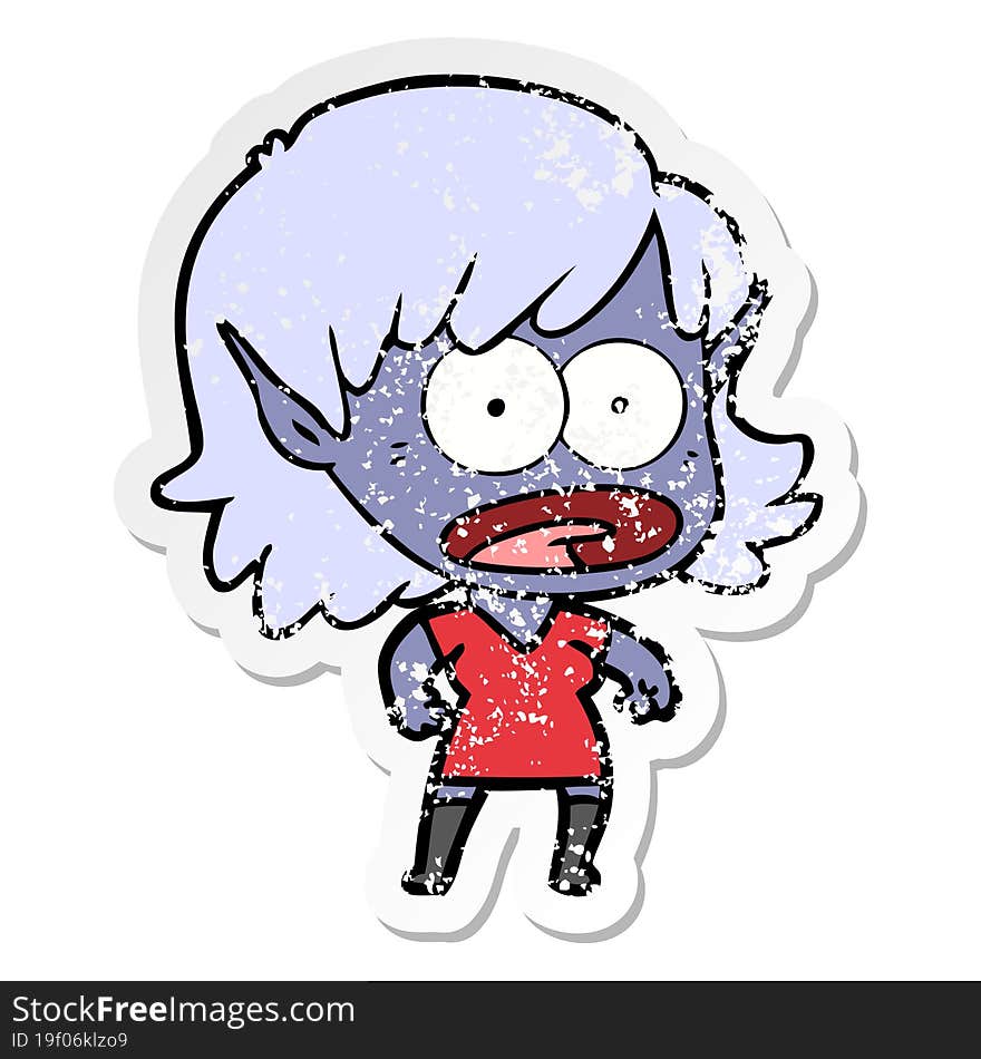 distressed sticker of a cartoon shocked elf girl