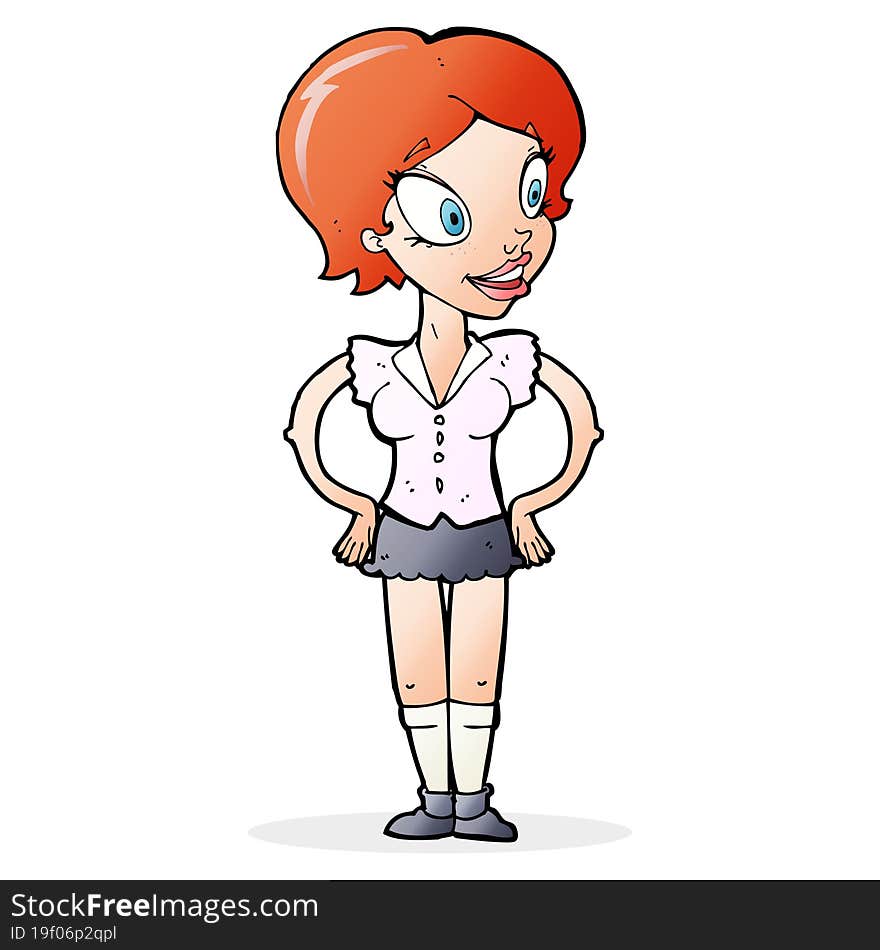 cartoon happy woman in short skirt