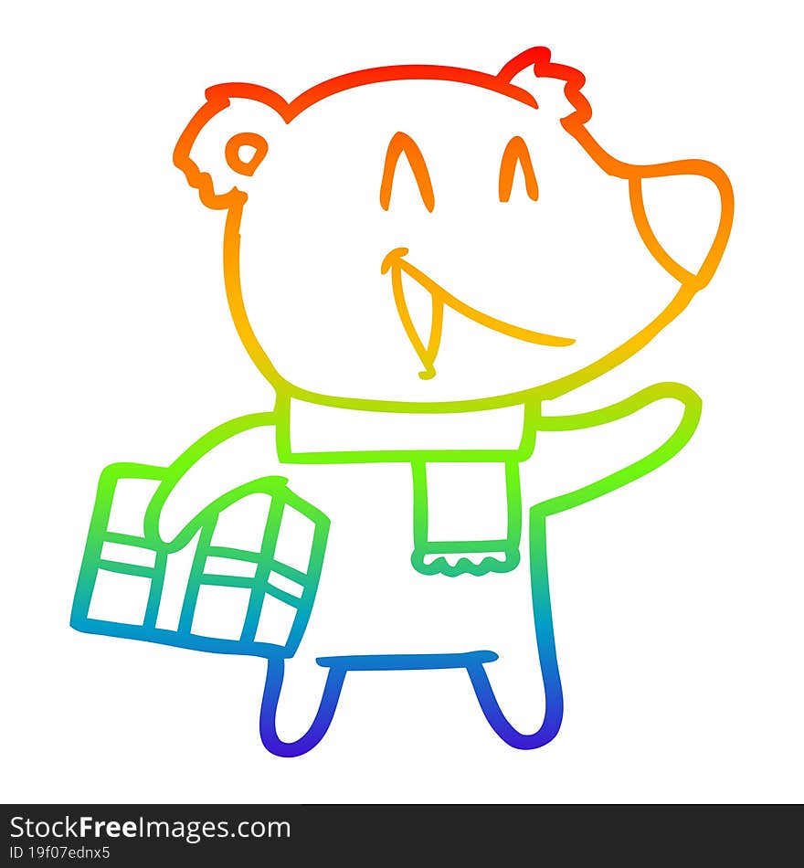 rainbow gradient line drawing of a laughing christmas bear cartoon