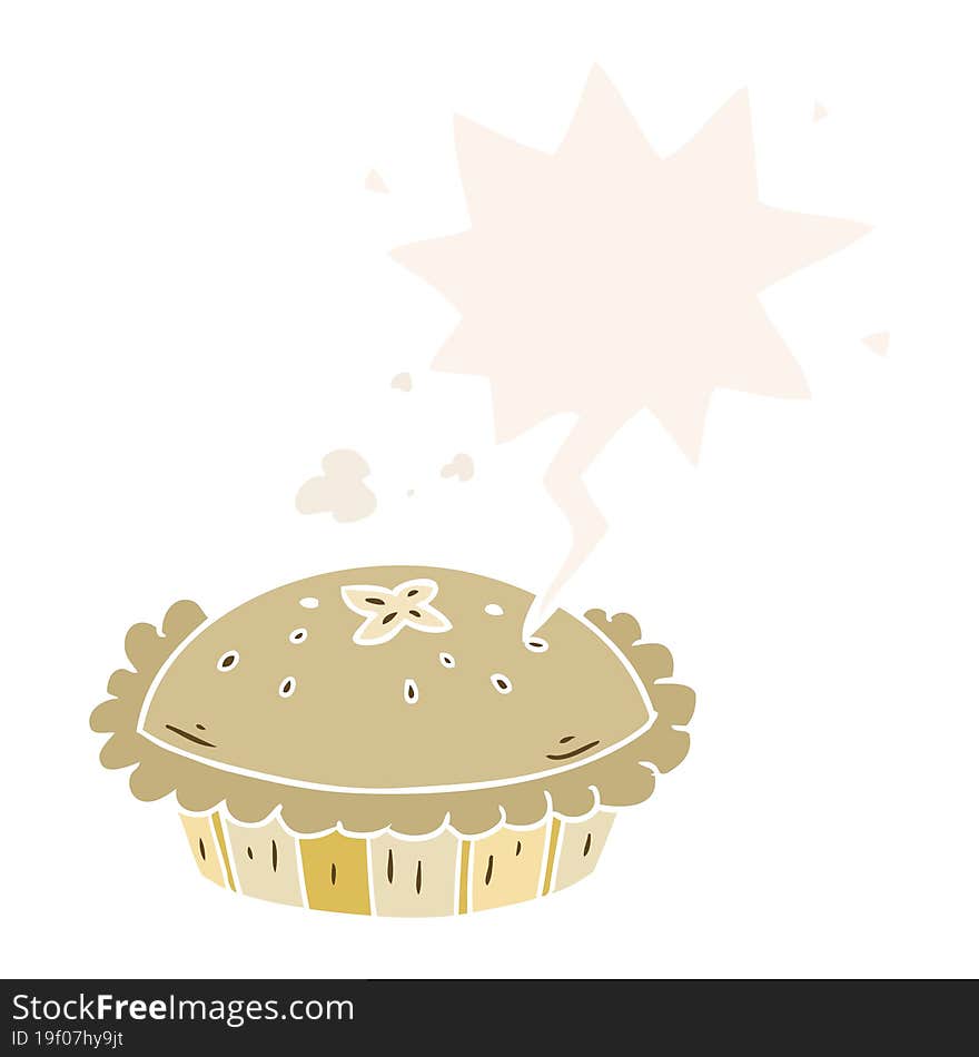 hot cartoon pie fresh out of the oven and speech bubble in retro style