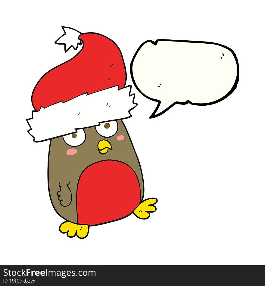 freehand drawn speech bubble cartoon christmas robin wearing christmas hat. freehand drawn speech bubble cartoon christmas robin wearing christmas hat