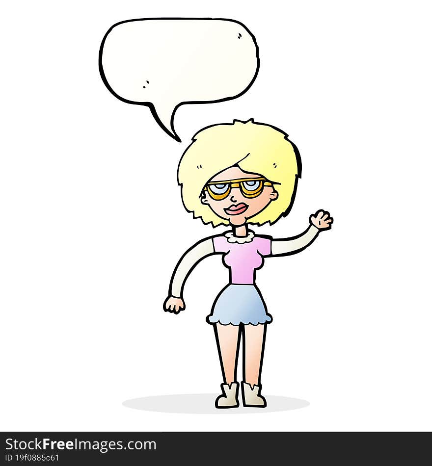 cartoon waving woman wearing spectacles with speech bubble