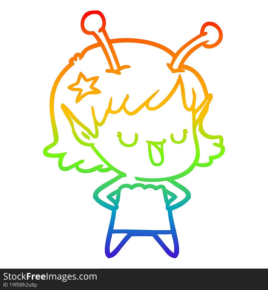 rainbow gradient line drawing happy alien girl cartoon