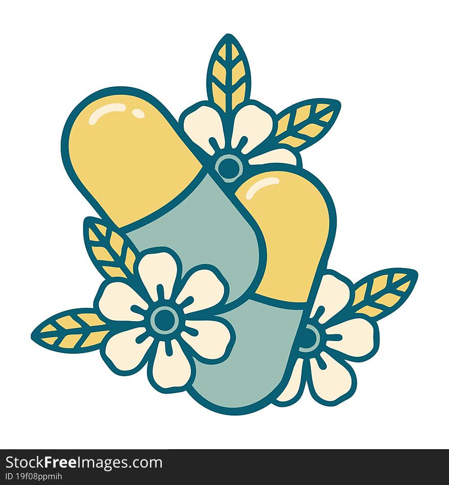 tattoo style icon of pills and flowers