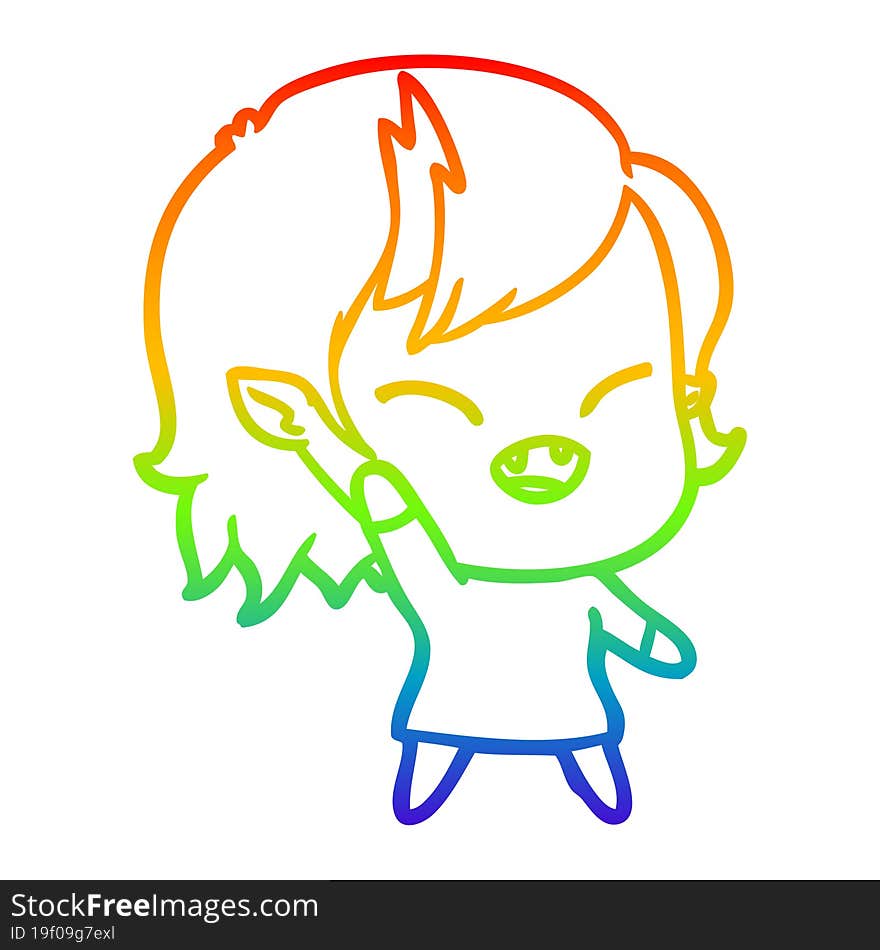 rainbow gradient line drawing of a cartoon laughing vampire girl waving