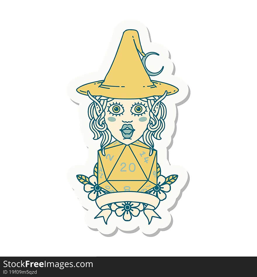 sticker of a elf mage character with natural twenty dice roll. sticker of a elf mage character with natural twenty dice roll