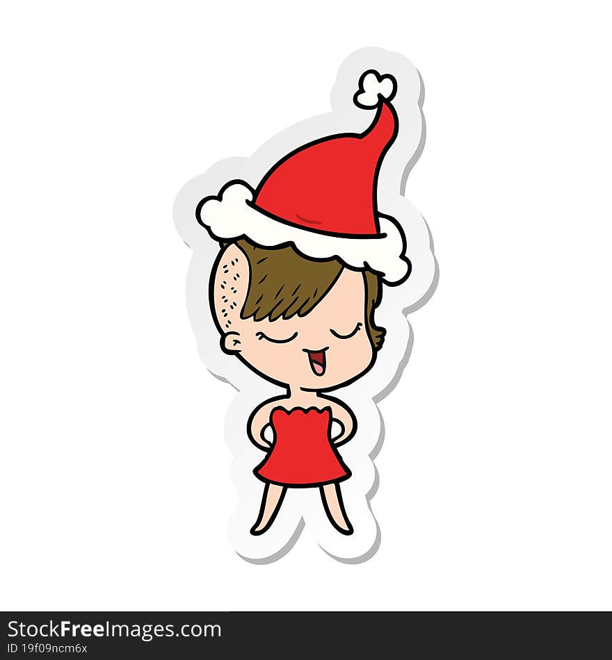 Happy Sticker Cartoon Of A Girl In Cocktail Dress Wearing Santa Hat