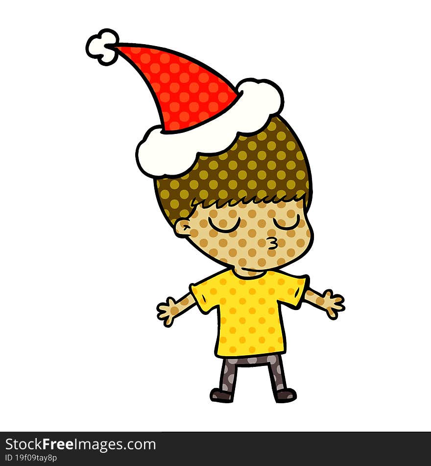 comic book style illustration of a calm boy wearing santa hat