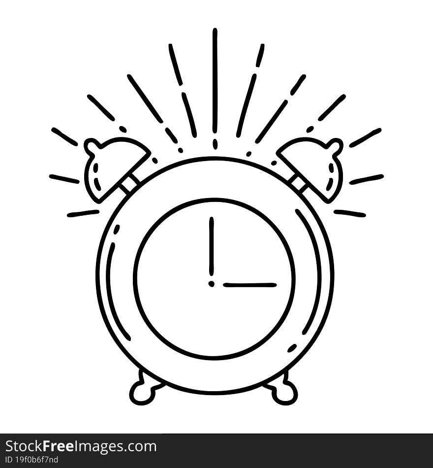 illustration of a traditional black line work tattoo style ringing alarm clock