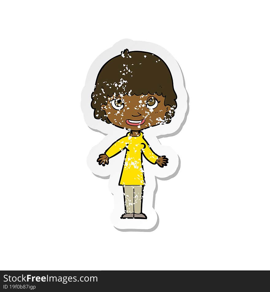 Retro Distressed Sticker Of A Cartoon Happy Woman