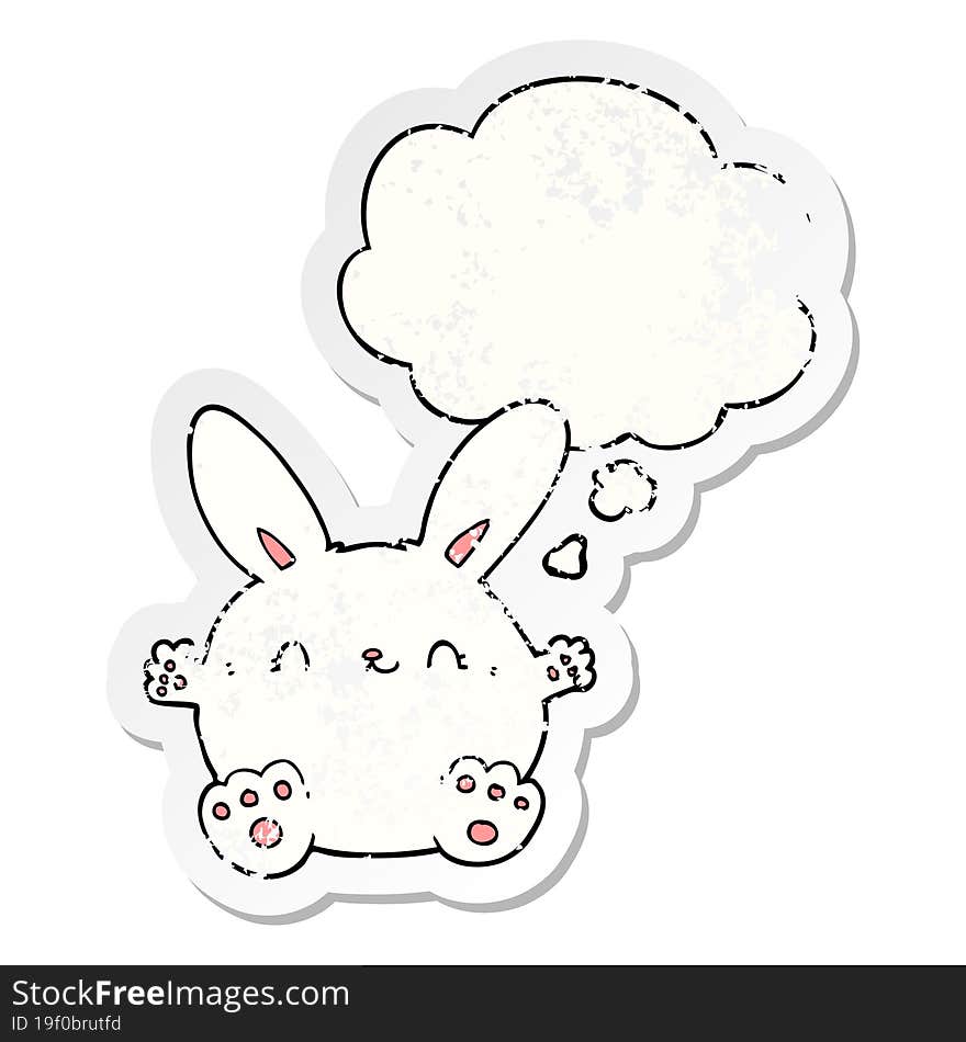 cute cartoon rabbit with thought bubble as a distressed worn sticker