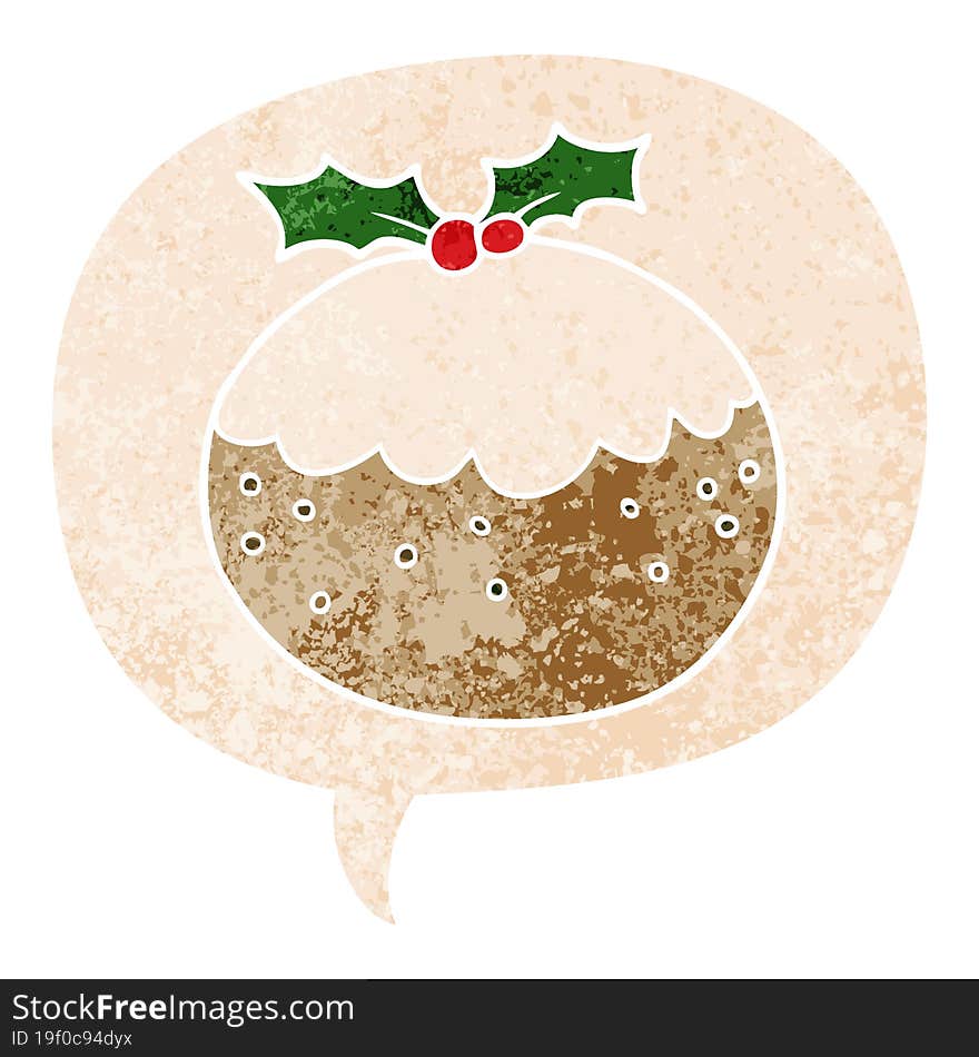 cartoon christmas pudding and speech bubble in retro textured style