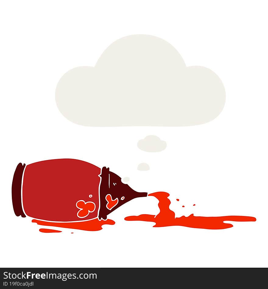 cartoon spilled ketchup bottle and thought bubble in retro style