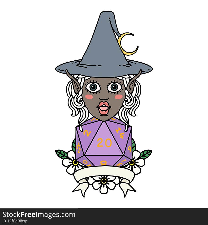 Elf Mage Character With Natural Twenty Dice Roll Illustration