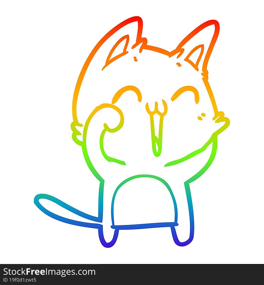 rainbow gradient line drawing happy cartoon cat meowing