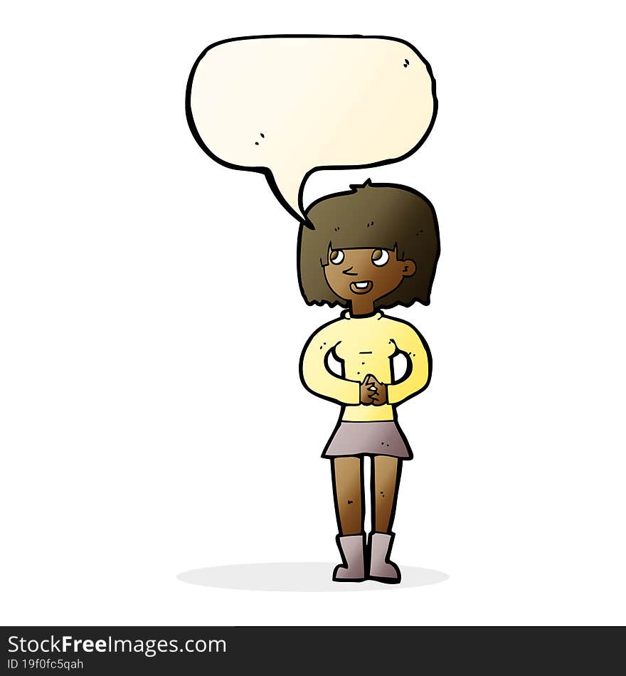 cartoon friendly woman with speech bubble