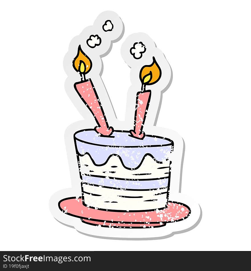 hand drawn distressed sticker cartoon doodle of a birthday cake