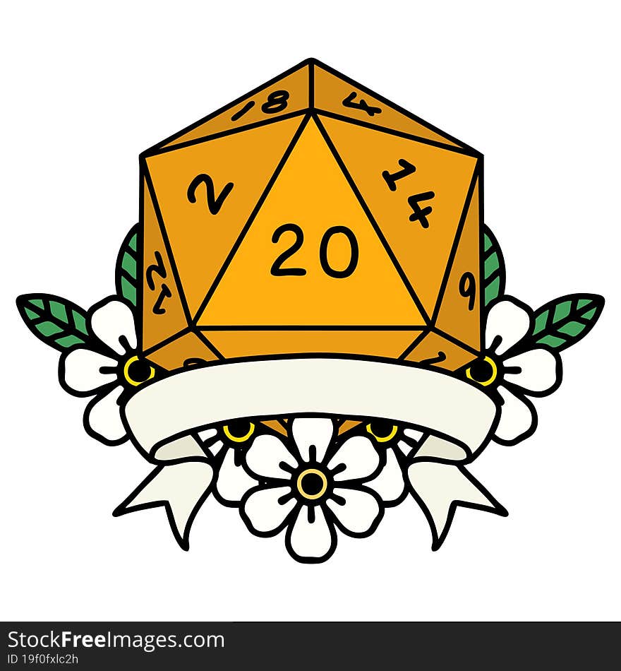 Retro Tattoo Style natural 20 critical hit D20 dice roll. Retro Tattoo Style natural 20 critical hit D20 dice roll