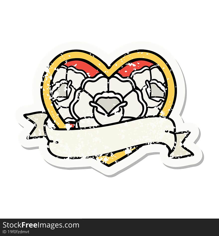 distressed sticker tattoo in traditional style of a heart and banner with flowers. distressed sticker tattoo in traditional style of a heart and banner with flowers