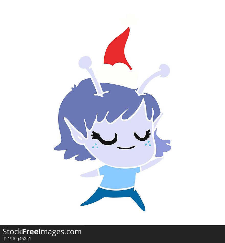 smiling alien girl flat color illustration of a wearing santa hat