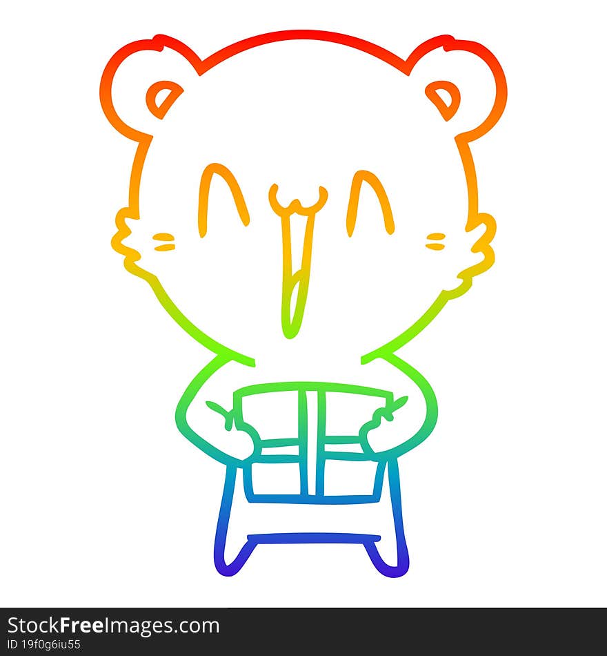 Rainbow Gradient Line Drawing Happy Bear With Gift Cartoon