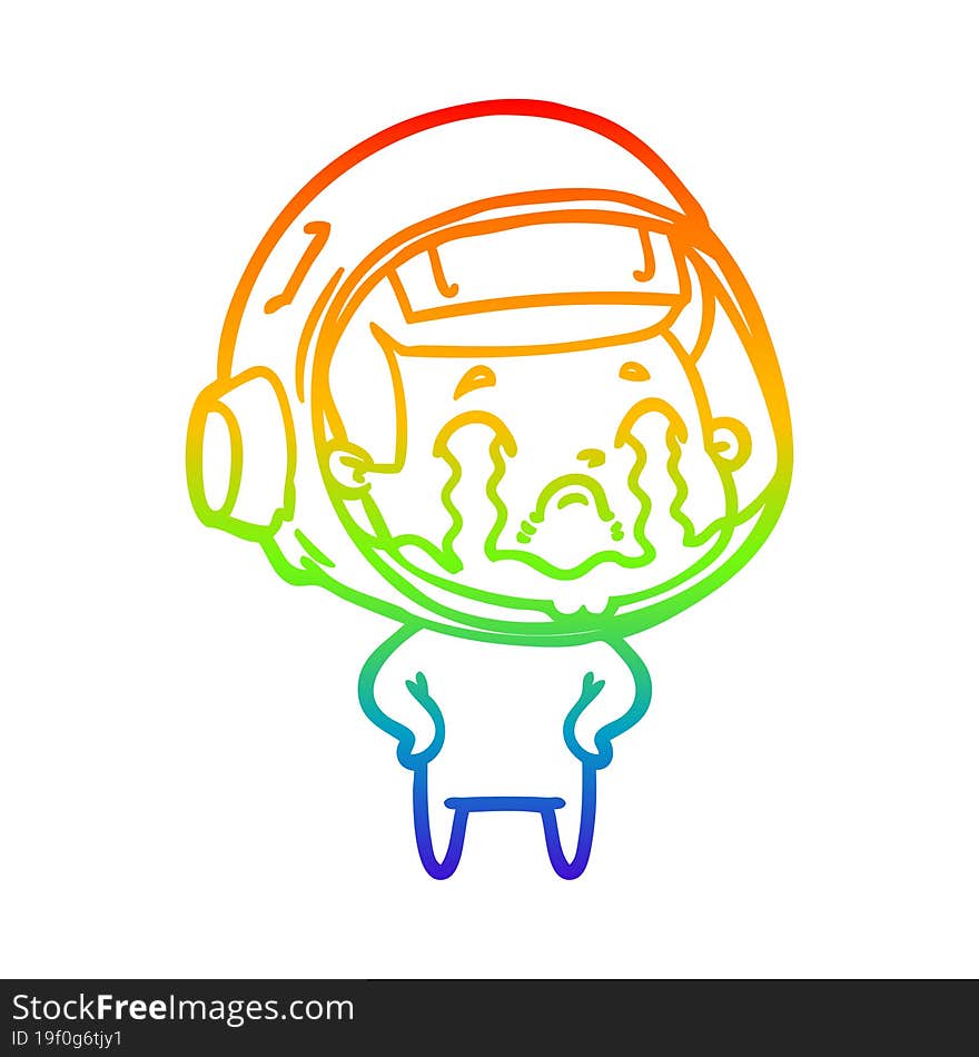 rainbow gradient line drawing of a cartoon crying astronaut