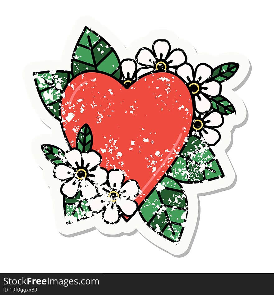 traditional distressed sticker tattoo of a botanical heart