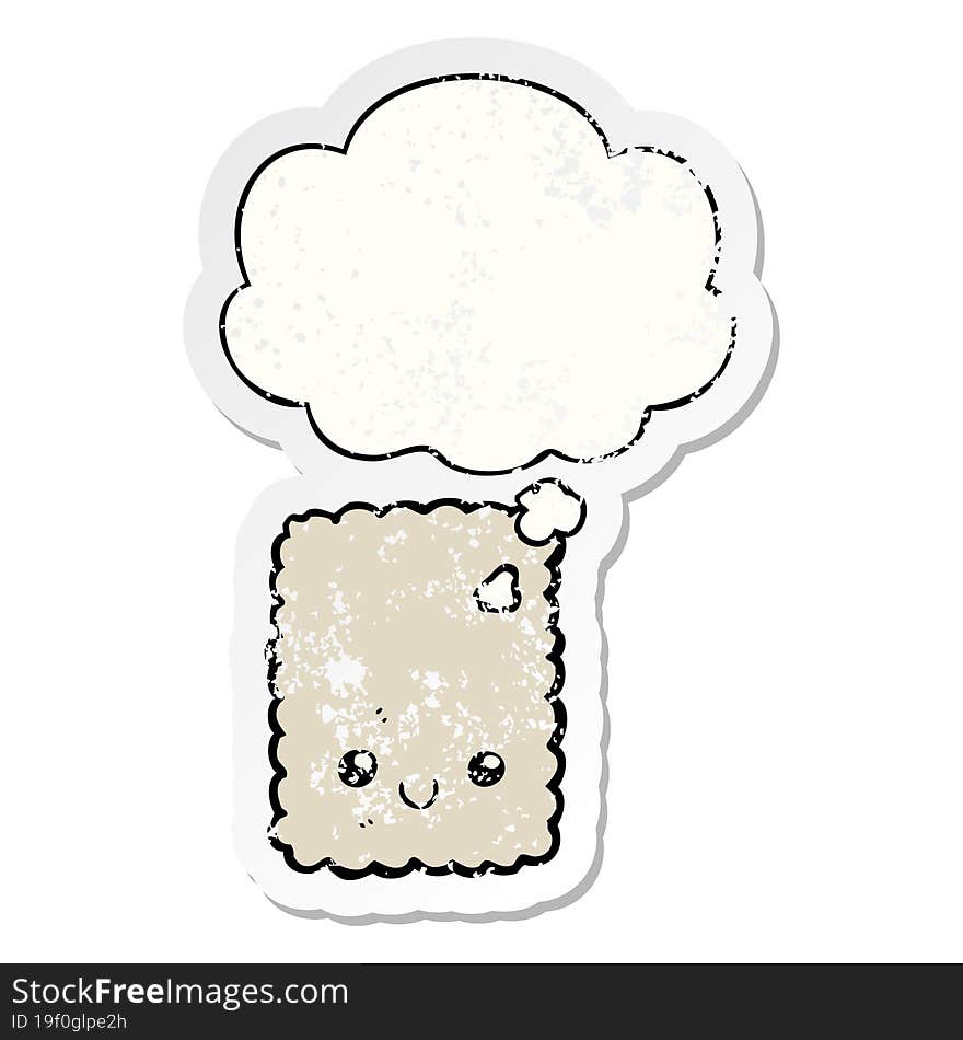 cartoon biscuit and thought bubble as a distressed worn sticker