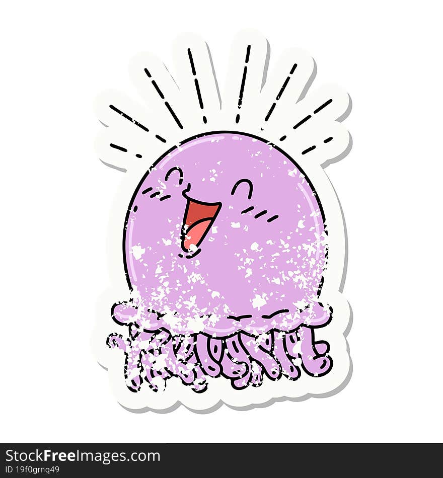 grunge sticker of tattoo style happy jellyfish