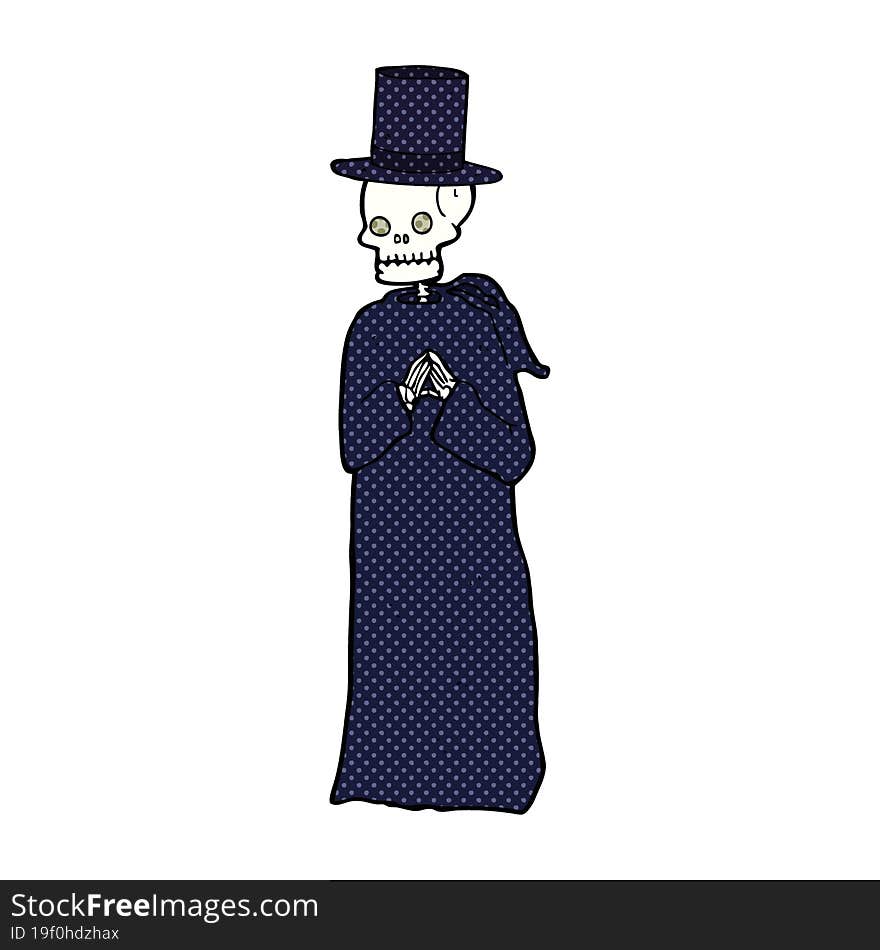 cartoon spooky skeleton wearing robe and top hat. cartoon spooky skeleton wearing robe and top hat