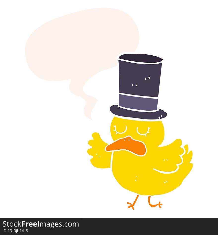 cartoon duck wearing top hat and speech bubble in retro style