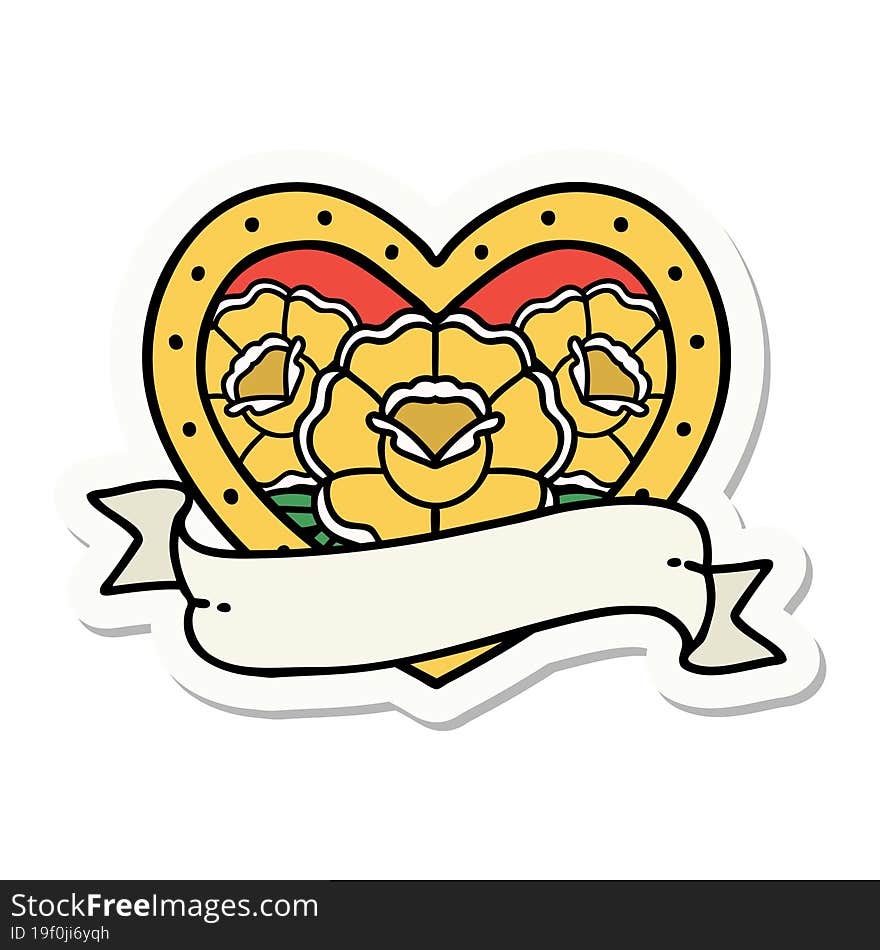 sticker of tattoo in traditional style of a heart and banner with flowers. sticker of tattoo in traditional style of a heart and banner with flowers