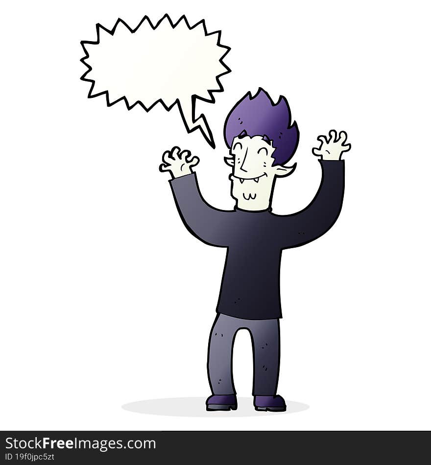 cartoon happy vampire man with speech bubble