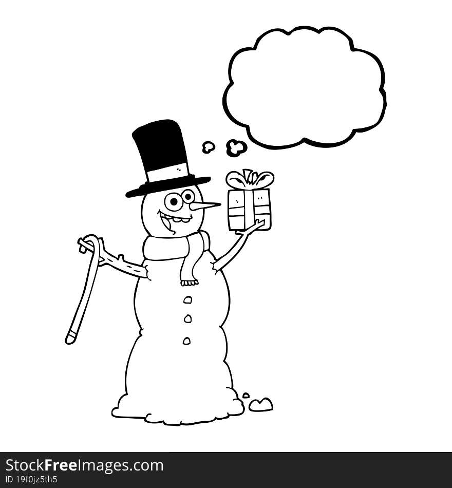 freehand drawn thought bubble cartoon snowman holding present