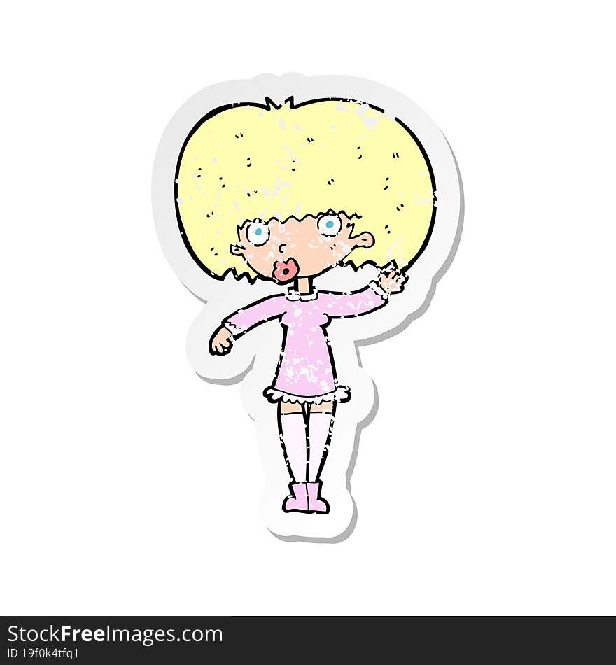 retro distressed sticker of a cartoon waving girl