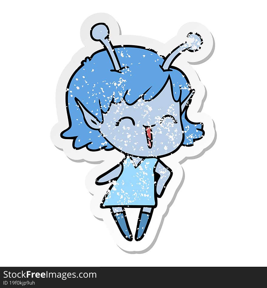 Distressed Sticker Of A Cartoon Alien Girl Laughing