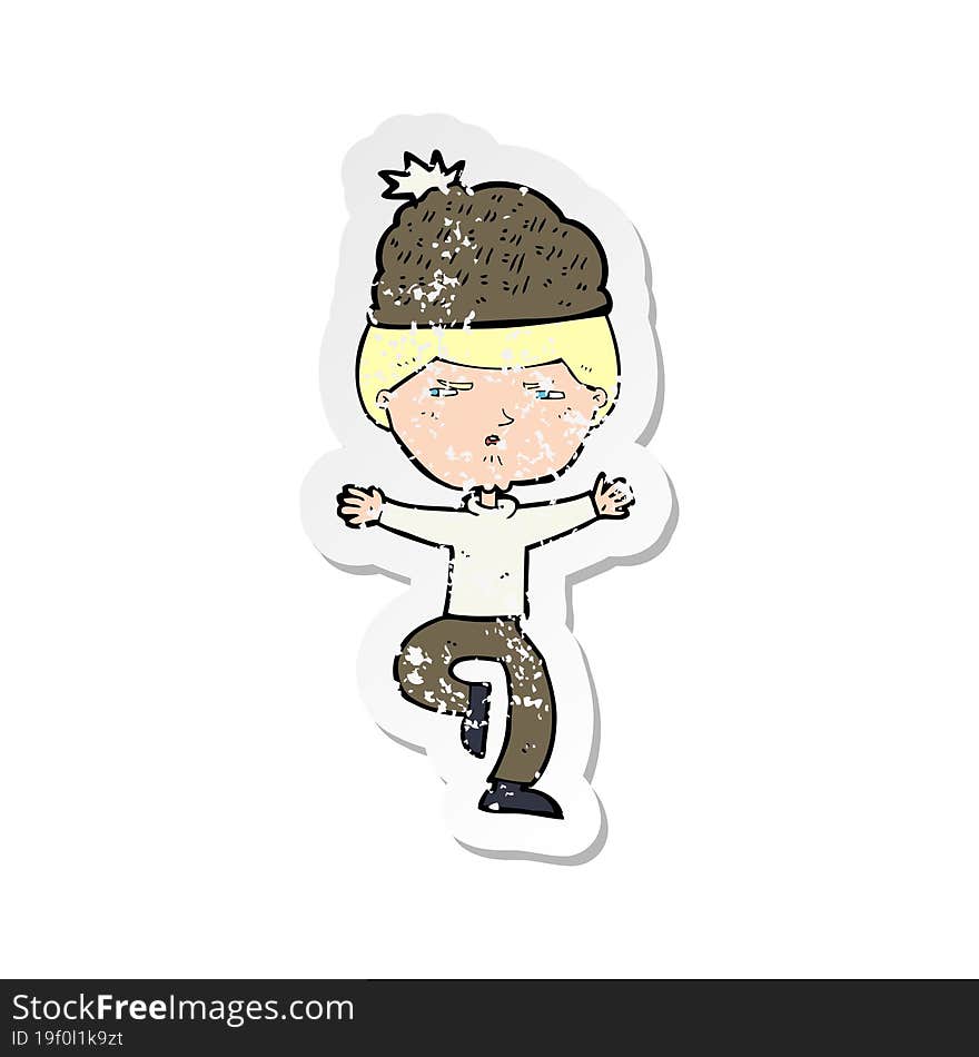 retro distressed sticker of a cartoon man wearing winter hat