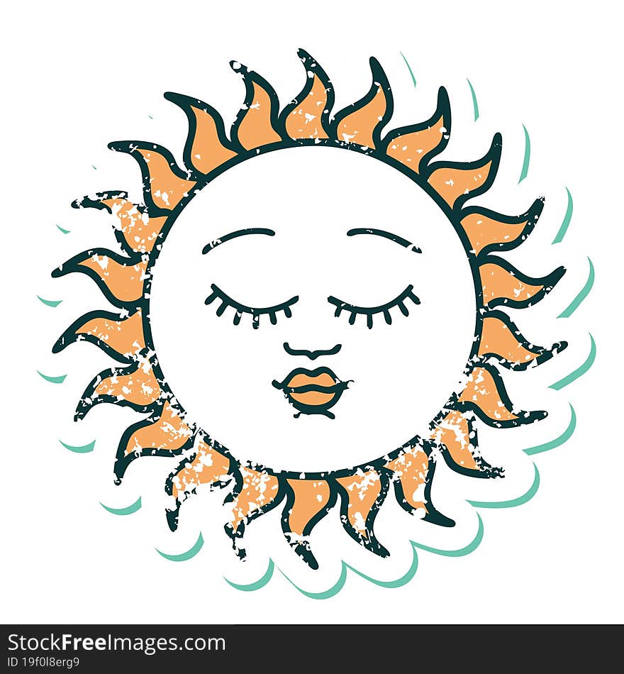 Distressed Sticker Tattoo Style Icon Of A Sun With Face