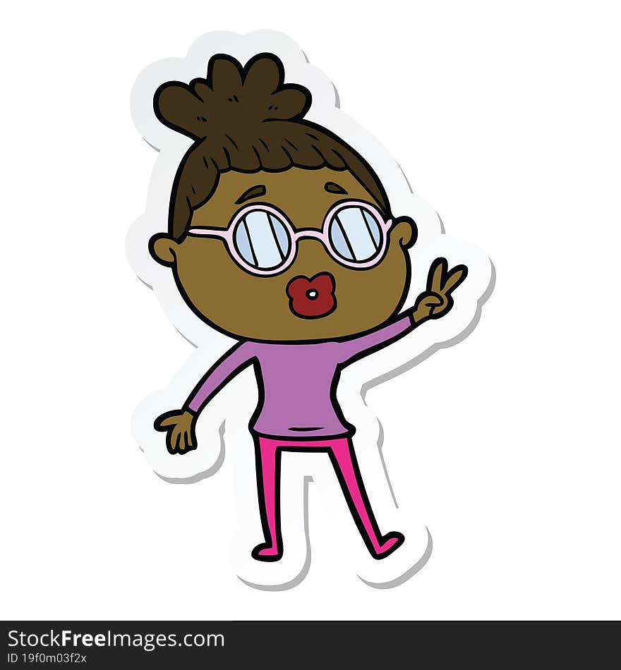 sticker of a cartoon woman making peace sign