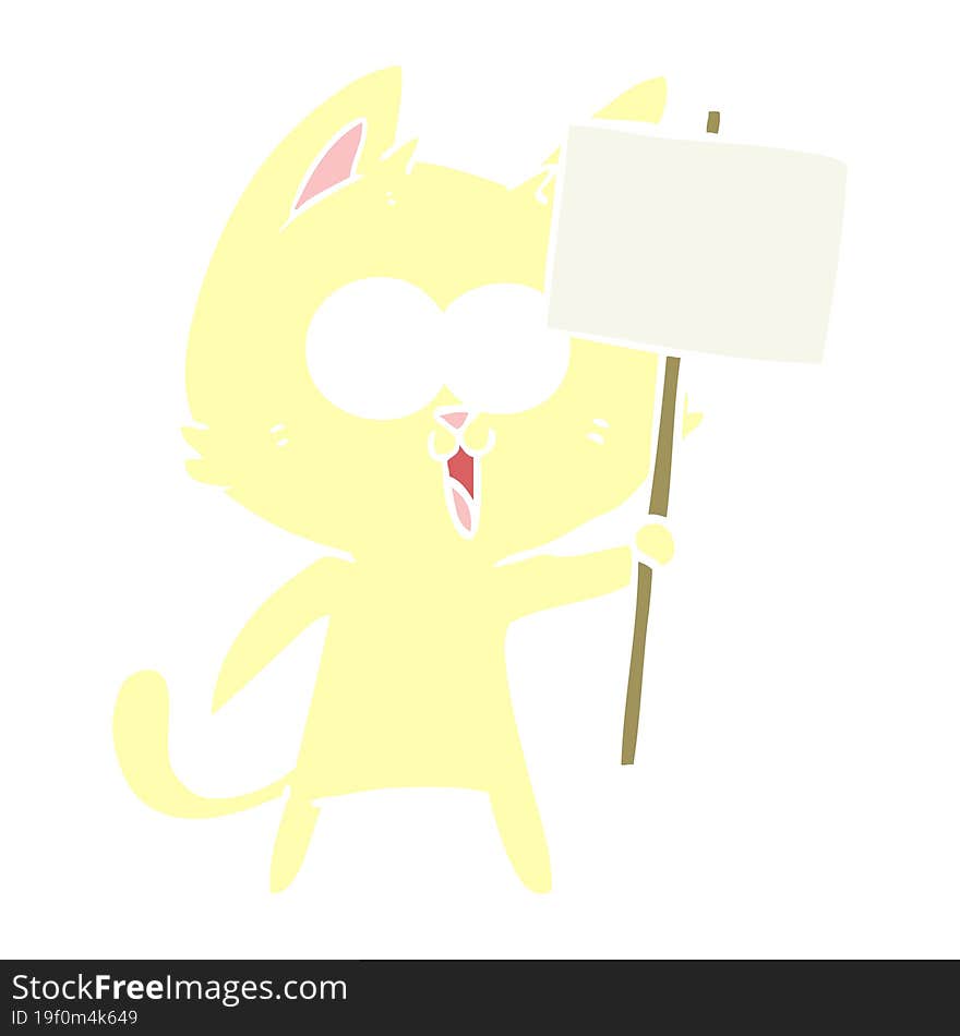 funny flat color style cartoon cat with sign