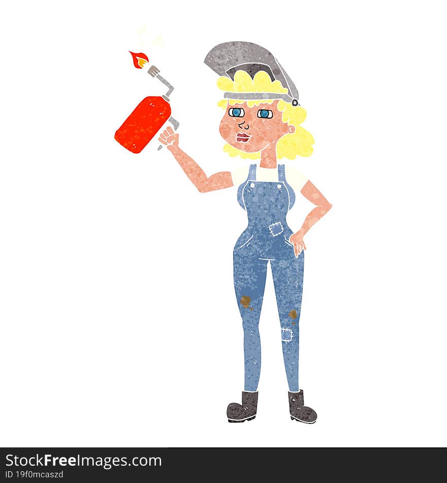 retro cartoon woman welding