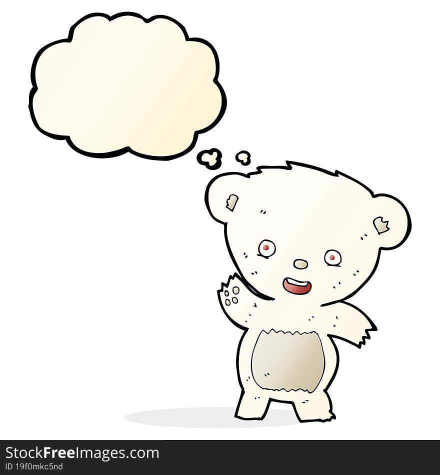 cartoon waving polar bear with thought bubble