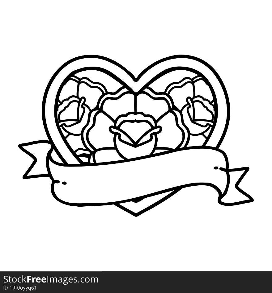 black line tattoo of a heart and banner with flowers